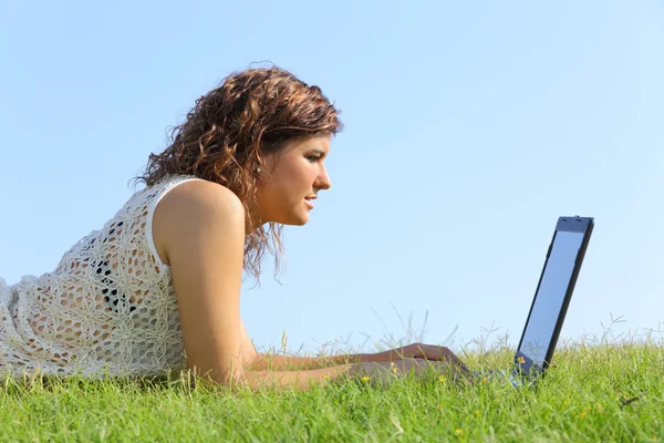 Profil einer schönen Frau, die im Gras liegt und einen Laptop durchblättert — Stockfoto