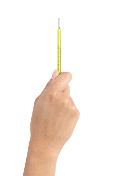 Kadın elini tutan bir mercury termometre — Stok fotoğraf