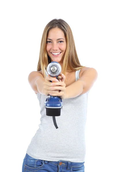 Vacker kvinna som pekar på en kamera med en borrmaskin — Stockfoto