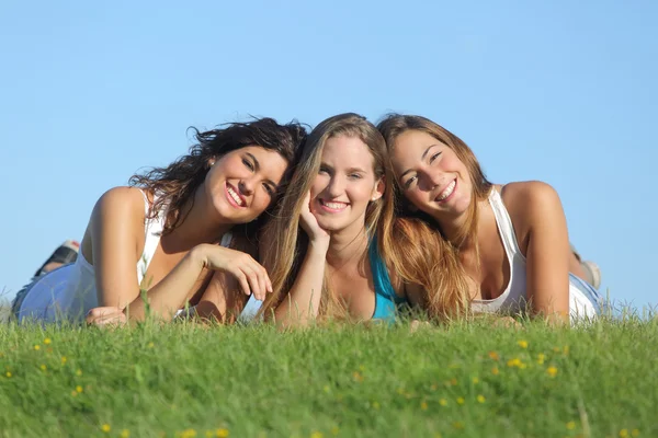 Retrato de un grupo de tres adolescentes felices sonriendo tumbadas en la hierba — Foto de Stock