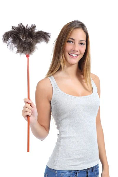 Beautiful woman holding a duster clean — Stock Photo, Image