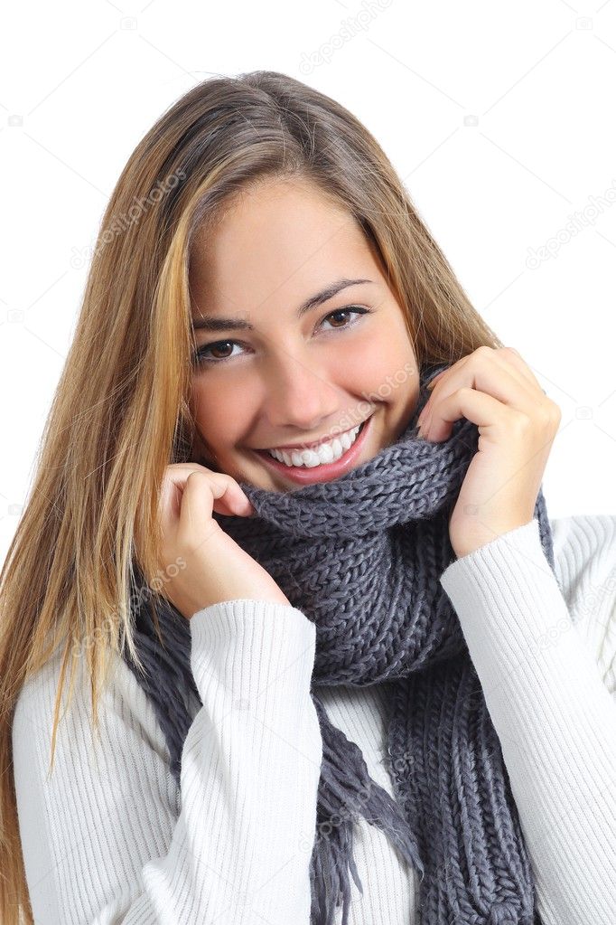 Close up of a beautiful woman smile wearing winter clothing