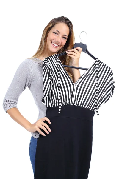 Happy woman trying clothes — Stock Photo, Image