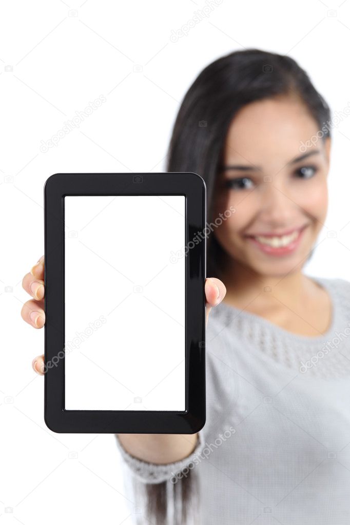 Pretty woman showing a blank vertical tablet screen isolated