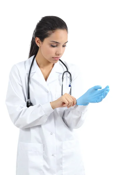 Arab female doctor putting latex gloves — Stock Photo, Image