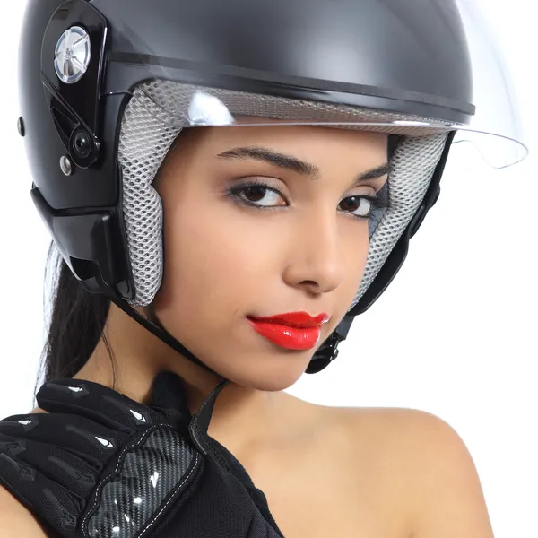 Donna sexy motociclista con casco e guanti — Foto Stock