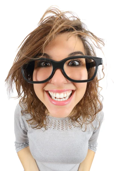 Wide angle view of a geek woman with glasses smiling Stock Image
