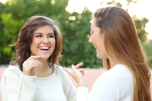 Twee jonge vrouwen praten buiten — Stockfoto