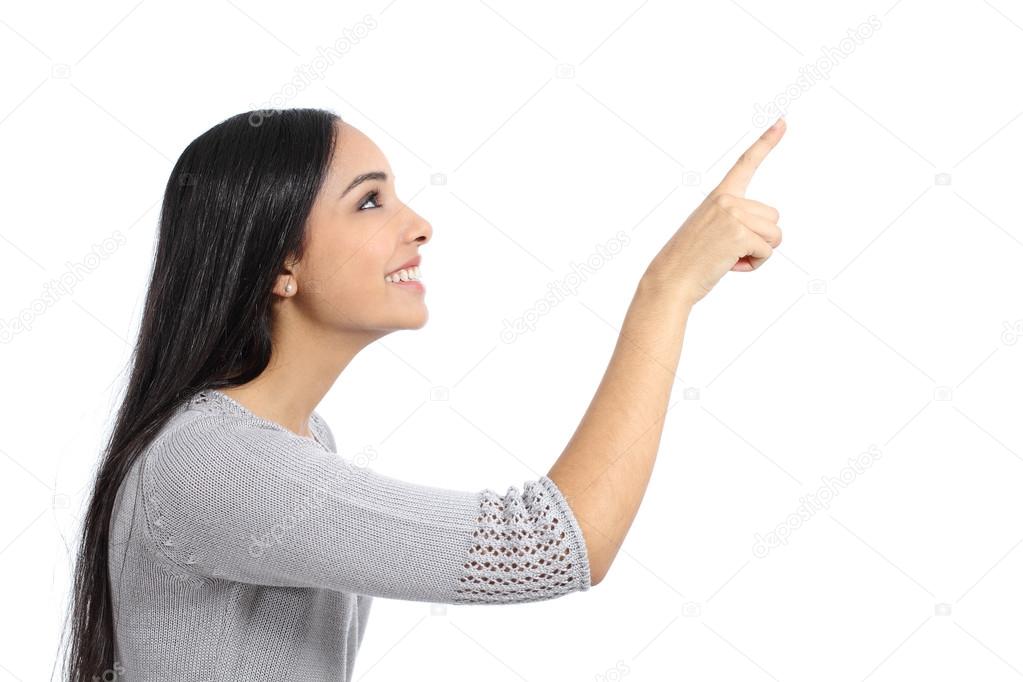 Profile of a woman pointing an advertisement