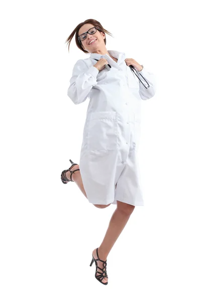 Beautiful happy female doctor jumping happy — Stock Photo, Image