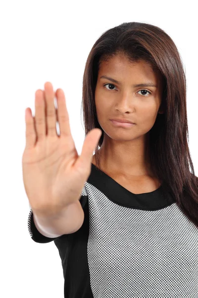 Bella donna afro-americana che fa gesto di stop con la mano — Foto Stock