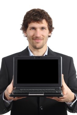 çekici işadamı bir netbook ekran app gösterilen