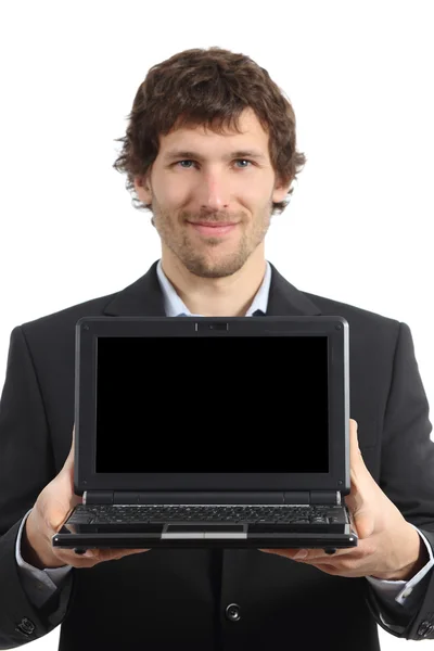 Empresário atraente mostrando um aplicativo de tela netbook — Fotografia de Stock