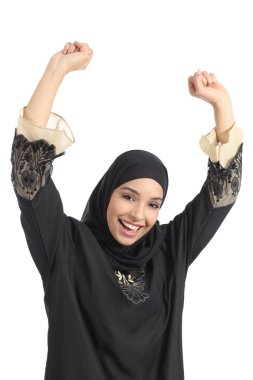 Arab saudi emirates woman euphoric raising arms clipart