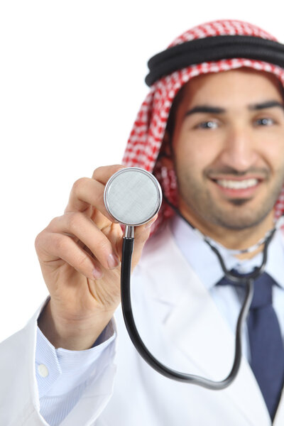 Arab saudi emirates doctor man using a stethoscope to the camera