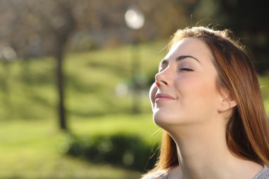 Portrait of a relaxed woman breathing deep in a park clipart