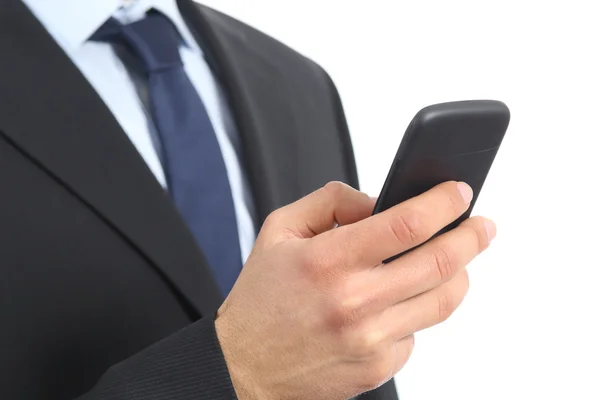 Close up of a business man hand holding and using a smart phone — Stock Photo, Image