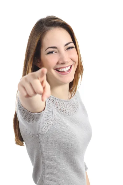 Mujer divertida apuntando a la cámara — Foto de Stock