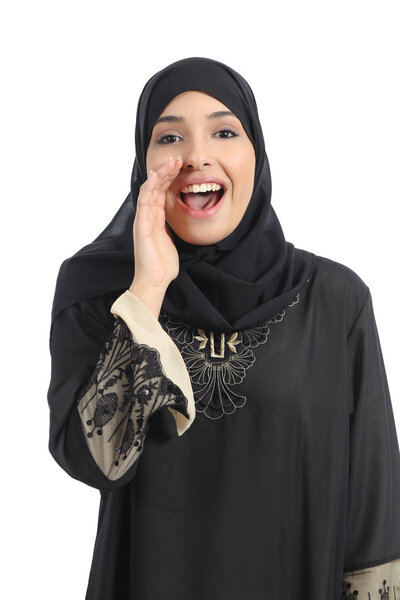 Arab saudi emirates woman shouting with hand on mouth