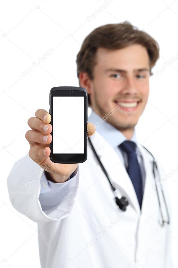 Happy doctor man showing a blank smart phone screen