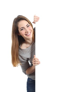 Smiling woman presenting and holding a blank sign clipart