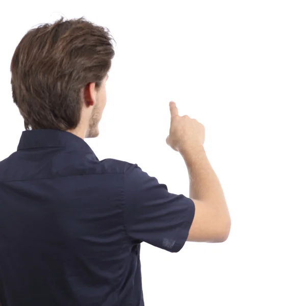 Back view of a man pushing button in the air — Stock Photo, Image