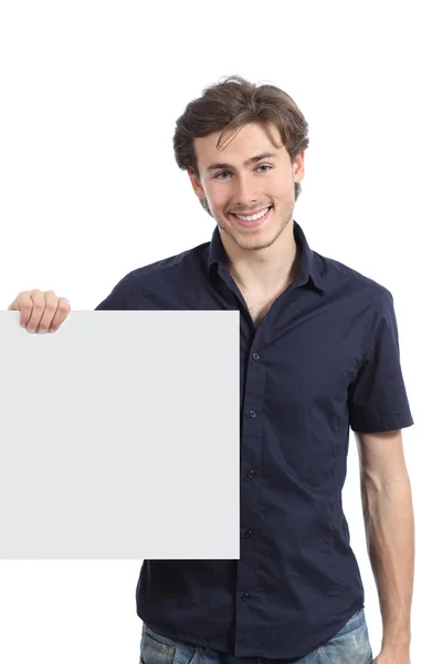 Hombre feliz sosteniendo un letrero o pancarta en blanco —  Fotos de Stock
