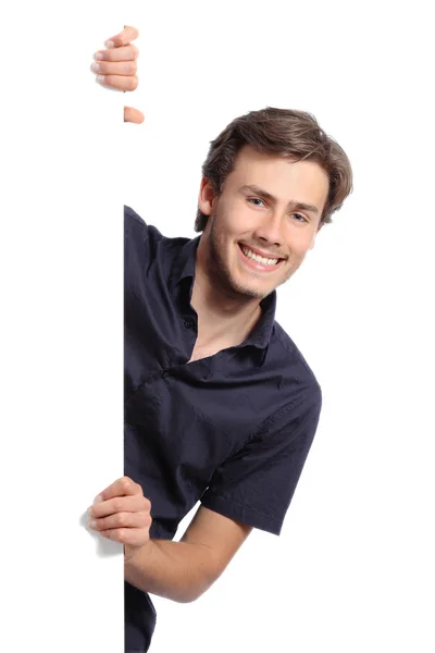 Young promoter man holding a blank banner — Stock Photo, Image