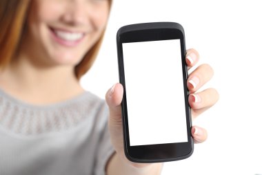 Close up of a funny woman holding a blank smart phone screen
