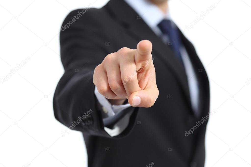 Close up of a businessman hand pointing at camera