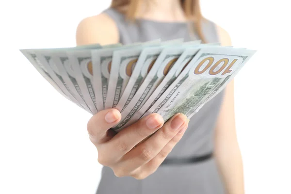 Biznes kobieta dłoni trzyma banknoty z bliska — Zdjęcie stockowe