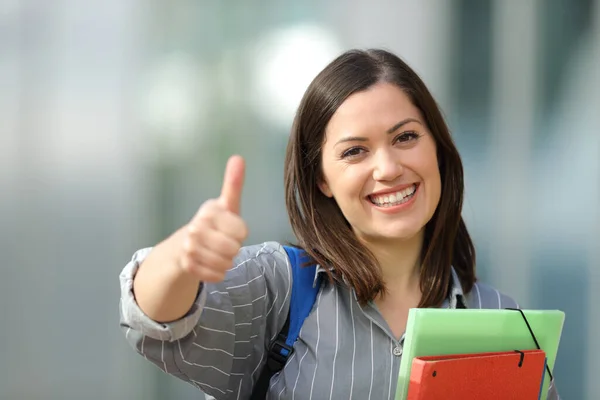 Front View Portrait Happy College Student Gestures Thumbs Lloking You — Stock Photo, Image