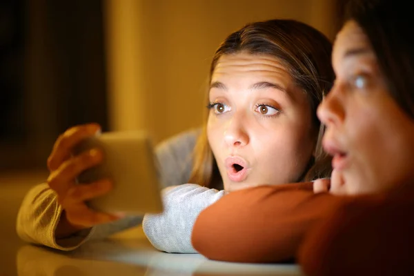 Dois Amigos Surpresos Noite Casa Verificando Conteúdo Telefone Inteligente — Fotografia de Stock