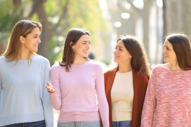 Sokakta yürüyen ve konuşan dört mutlu arkadaşın portresi.