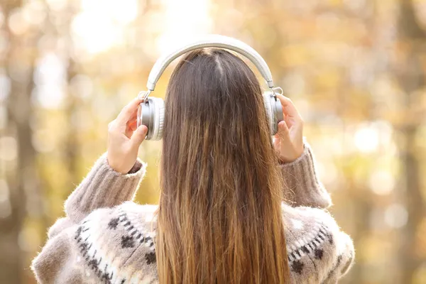 Kembali Melihat Potret Seorang Wanita Musim Dingin Menaruh Headphone Taman — Stok Foto
