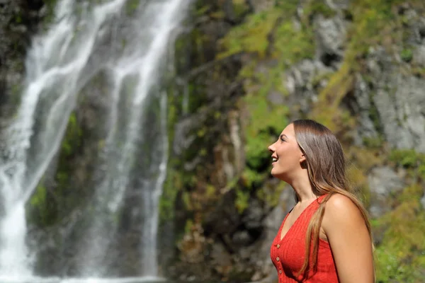 Vista Lateral Retrato Uma Mulher Maravilhada Contemplando Cachoeira — Fotografia de Stock