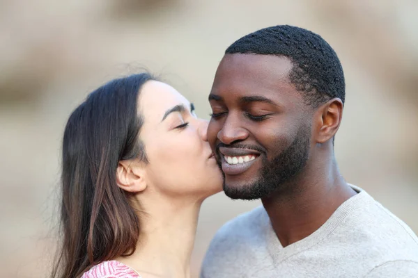 Happy Caucasian Woman Kissing Cheek Man Black Skin — Stock Fotó