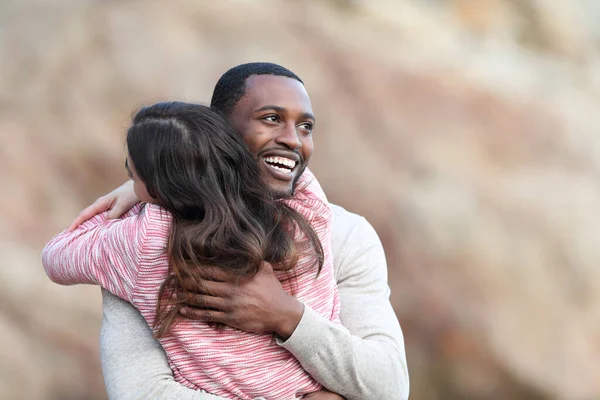 Happy Man Black Skin Hugging His Caucasian Female Friend — Stock Fotó