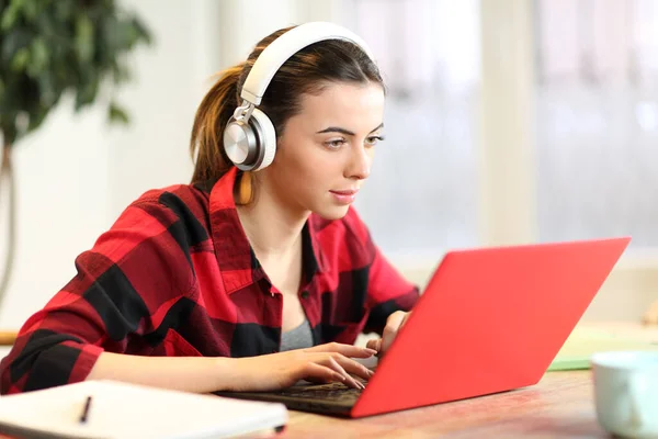 Evde Bilgisayar Kulaklıkla Konsantre Öğrenci Öğrenimi — Stok fotoğraf