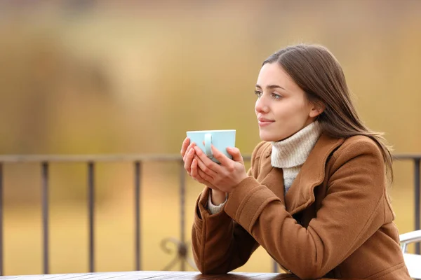 Расслабленная Женщина Рассматривает Возможность Пить Кофе Террасе Зимой — стоковое фото