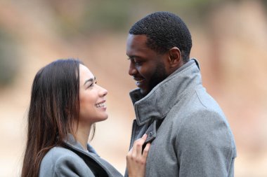 Mutlu ırklar arası aşk flörtü kışın birbirlerine bakıyorlar.