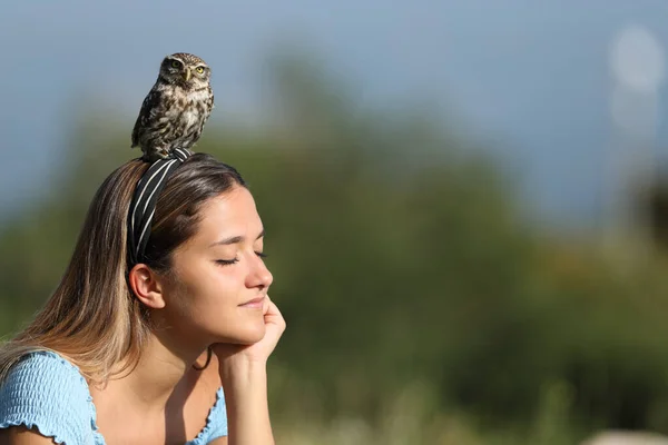 自然の中で頭の上にフクロウと瞑想リラックスした女性 — ストック写真