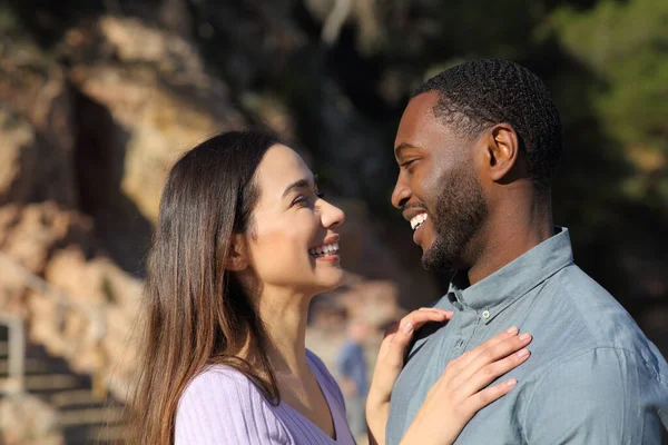 Profile Happy Interracial Couple Flirting Falling Love Looking Each Other — ストック写真