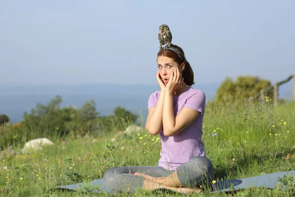Amazed Yogi Trying Yoga Exercises Bird Head Nature — Stock Photo, Image