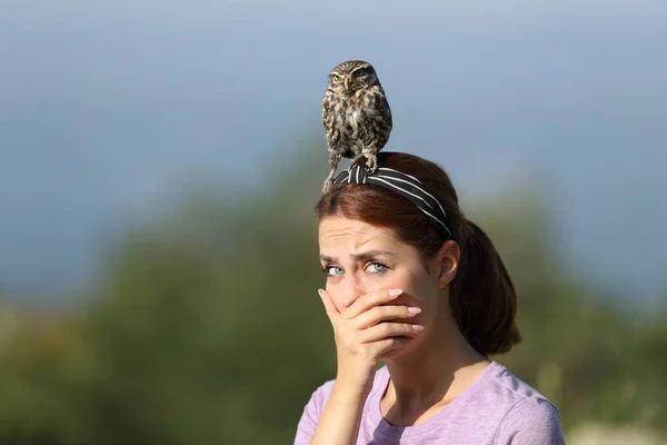 Femme Surprise Levant Les Yeux Dans Nature Avec Oiseau Perché — Photo