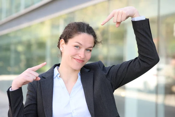 Front View Portrait Proud Businesswoman Pointing Herself Street — Foto Stock