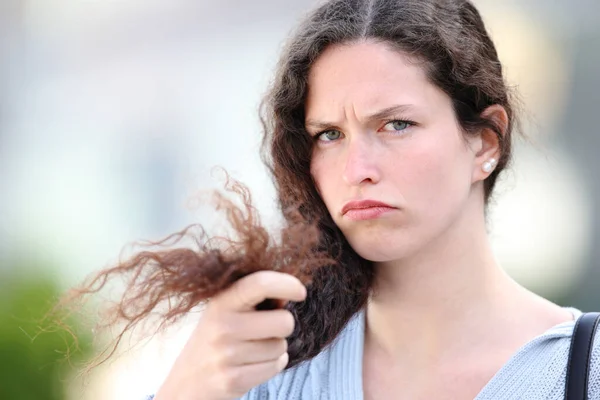 Angry Woman Curly Hair Complaining Split Ends Street — Foto Stock