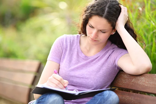 Concentrated Woman Writing Notebook Sitting Bench Park — Stockfoto