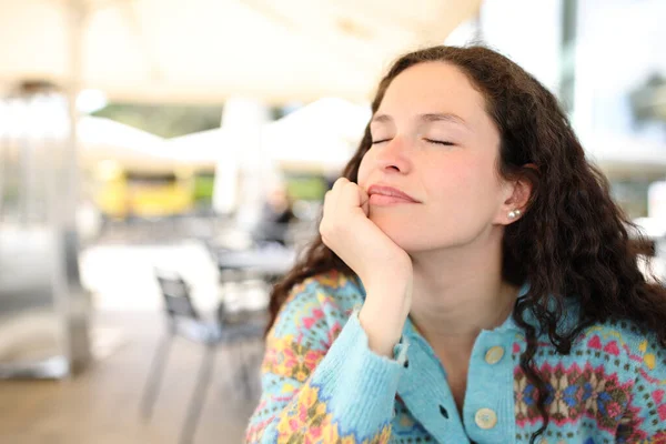 Relaxed Woman Sitting Bar Resting Closed Eyes — Stok fotoğraf