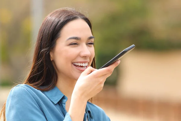 Happy Woman Dictating Message Using Voice Recognition Street Smart Phone — Stock Photo, Image